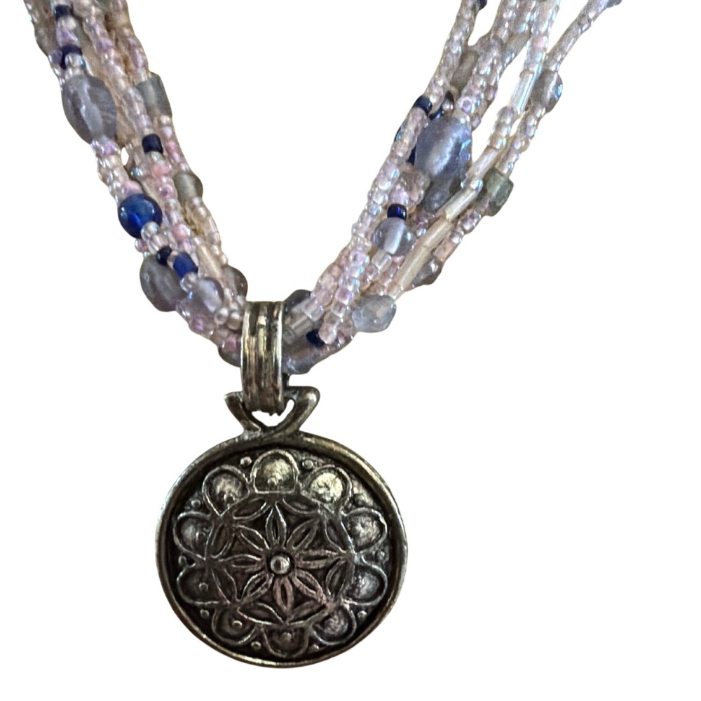 Multi Strand Purple Blue Beaded Necklace Silver Tone Mandala Medallion Pendant